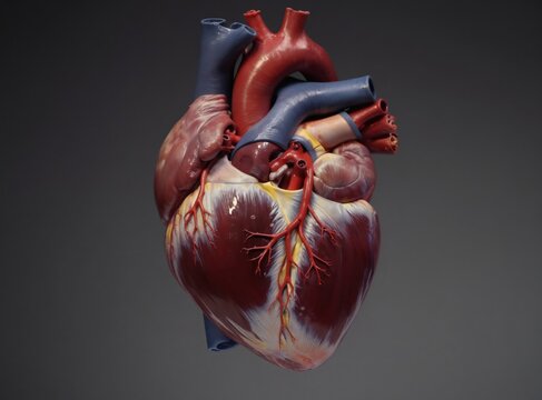 Detailed human heart model shows anatomy. Red muscle with blue and red vessels, arteries and veins. Pumping organ is part of circulatory system.
