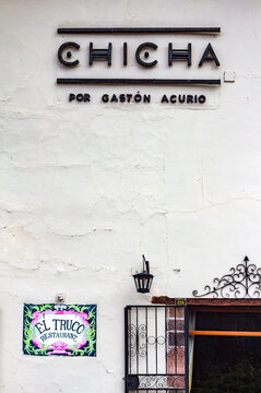 Cusco, Cuzco, Peru, Per&uacute;, March 14, 2026: Facade of Chicha restaurant by Gast&oacute;n Acurio with El Truco signage and decorative ironwork in the historic Andean city.
