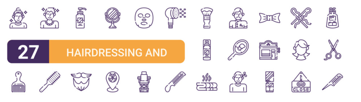 Set of 27 thin stroke Hairdressing and Barber Shop icons for software, online tools and business layouts. Outline collection featuring skincare, mirror, shower head, barber and close.