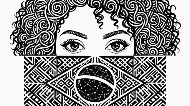 Geometric pattern - Artistic portrait of a Brazilian woman with curly hair wearing a face mask based on the Brazil flag design, rendered in a bold