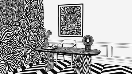 Fototapeta premium Modern Linocut Interior Illustration Featuring an Artistic Woodcut Pattern and Monochrome Home Office Decor with Floral Wall Art