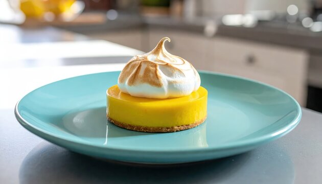 A vibrant lemon curd tartlet crowned with toasted meringue, presented on a teal plate, a delightful individual dessert.
