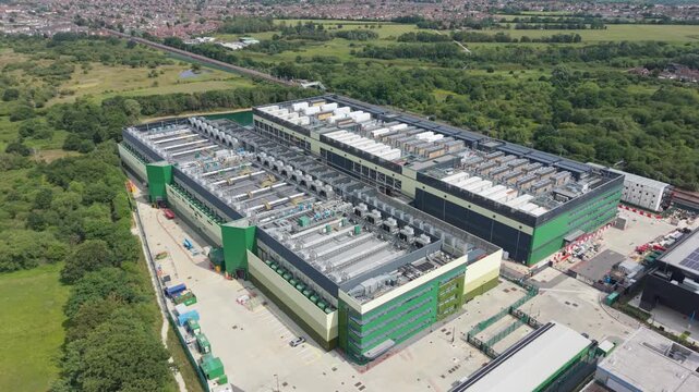 Massive Data Center Facility Drone View on a Bright Day
