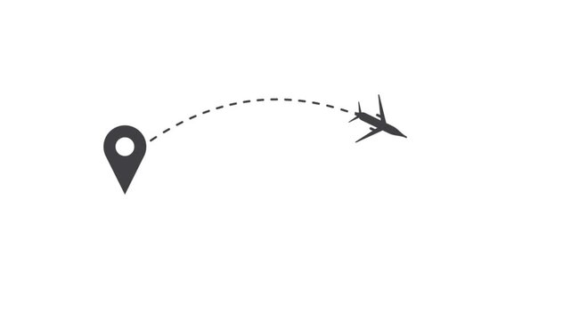 Animated airplane flying from map pointer location pin on white background