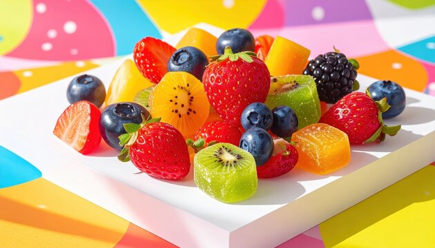 A vibrant assortment of fruit-shaped gummies and fresh fruit pieces piled high on a white surface, showcasing a delightful and colorful sweet treat.