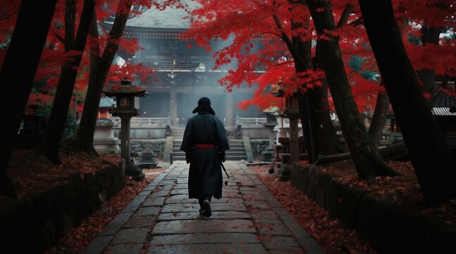 Samurai warrior walks stone path towards ancient temple. Red maple trees surround misty autumn forest scenery. Man wears traditional kimono holding sword, entering sacred Japanese ground.