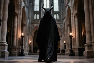 Naklejka premium Mysterious hooded figure with horns walks through a grand gothic cathedral interior. Dramatic lighting illuminates stone arches and pillars. The scene evokes dark fantasy and religious mystery themes.