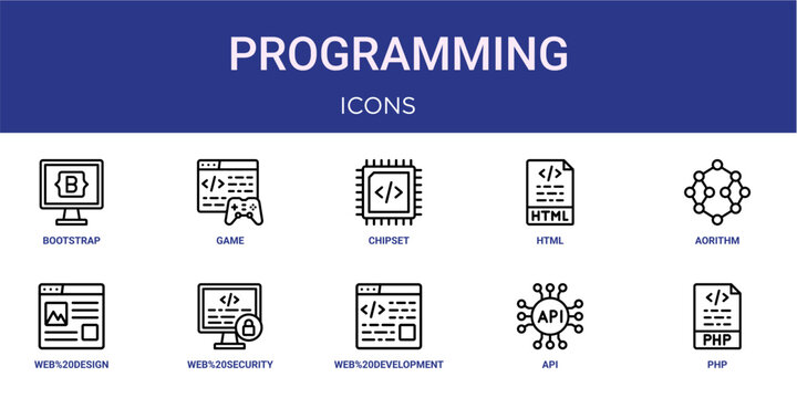 Set of 10 outline web Programming icons such as php, api, web development, web security, web design, aorithm, html vector icons for report, presentation, diagram, web design, mobile app