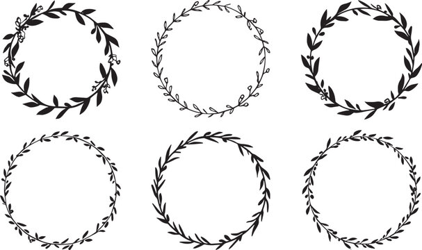 Hand-drawn floral wreath frames vector set with branches and leaves