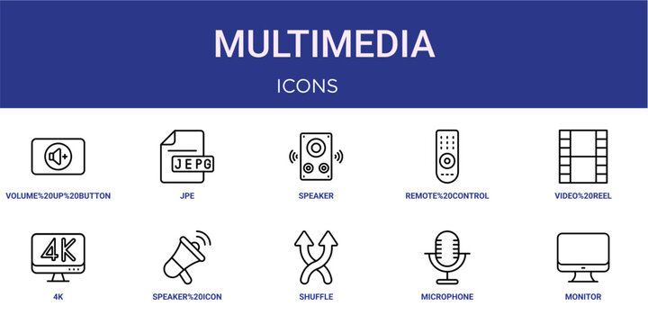 Set of 10 outline web Multimedia icons such as monitor, microphone, shuffle, speaker icon, 4k, video reel, remote control vector icons for report, presentation, diagram, web design, mobile app