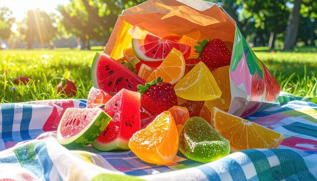 A vibrant collection of colorful gummy fruit slices spilling out of a paper bag onto a checkered cloth during a sunny outdoor picnic.