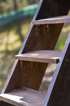 Escalera de madera con fondo desenfocado