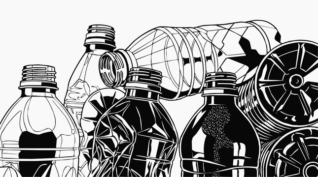 Black and white line art illustration of plastic bottle waste representing global pollution and the urgent need for recycling and environmental
