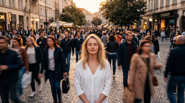 Calm Woman Meditate Among Crowd of Blurry People in Bustling European City at Sunset