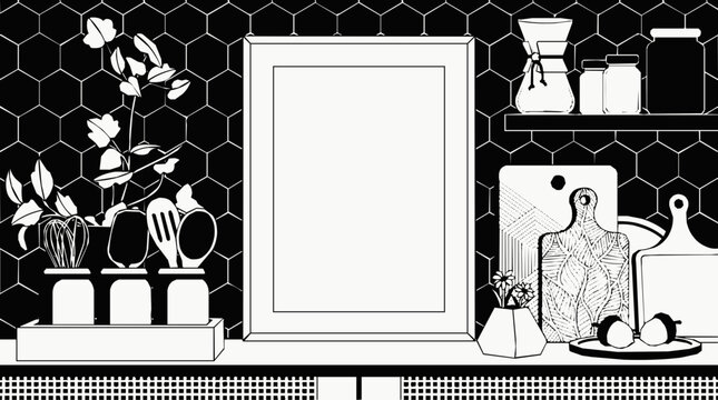 Modern Minimalist Kitchen Interior Illustration with a Blank Frame Mockup on a Decorated Countertop featuring Hexagon Tile Backsplash