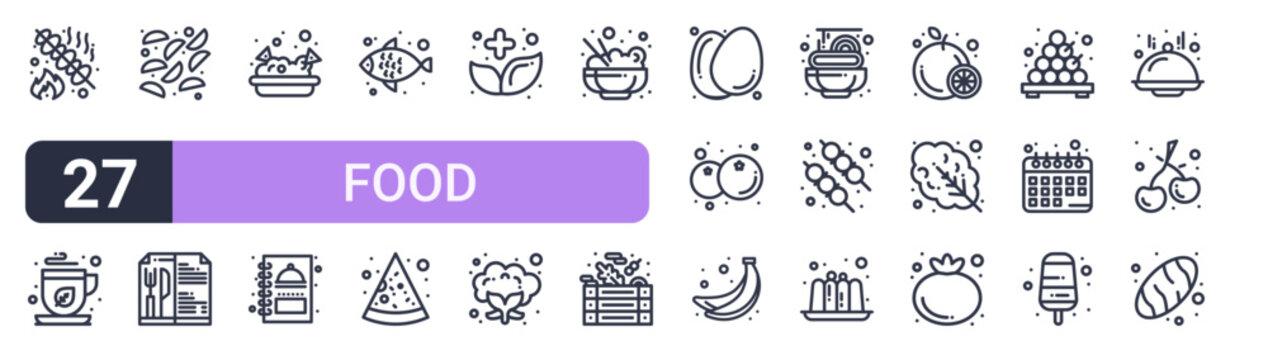 Set of 27 thin stroke Food icons for software, online tools and business layouts. Outline collection featuring from food concept. Thin illustration of editable stroke. for use on web and mobile