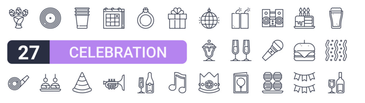 Set of 27 thin stroke Celebration icons for software, online tools and business layouts. Outline collection featuring bouquet, calendar, gift, firecracker and garland.