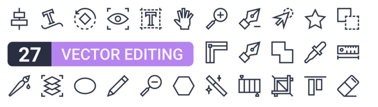 Set of 27 thin stroke Vector Editing icons for software, online tools and business layouts. Outline collection featuring align, visible, hand tool, delete point and bottom alignment.