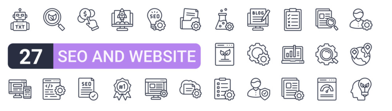 Set of 27 thin stroke SEO and Website icons for software, online tools and business layouts. Outline collection featuring robot, boost, folder management, blogging and performance.