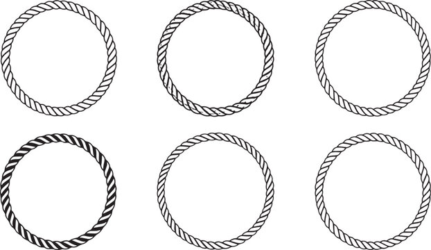 Nautical rope circle frames set with round twisted cord borders and marine cable pattern vector outlines