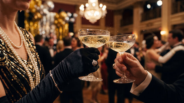Elegant pair make a festive toast with champagne at a luxurious formal celebration