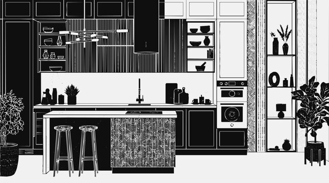 Modern kitchen interior design illustration featuring a stylish island with bar stools and contemporary cabinets in a minimalist black and white style