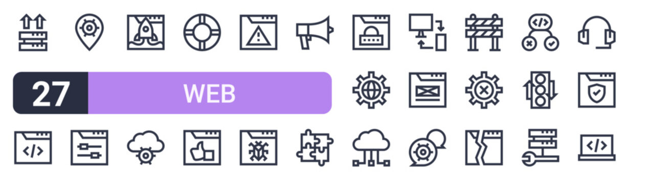 Set of 27 thin stroke Web Maintenance icons for software, online tools and business layouts. Outline collection featuring server, lifesaver, megaphone, sync and server.