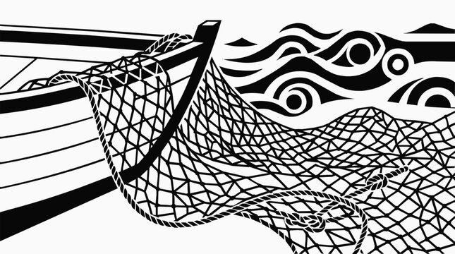 A traditional fishing net draped over a wooden boat with stylized ocean waves in a high contrast nautical black and white illustration.