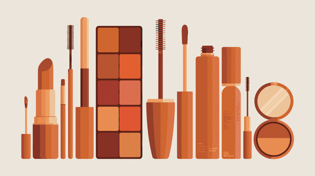 A collection of brown-toned makeup products including lipstick, mascara, brushes, and a compact mirror sits on a neutral studio background.