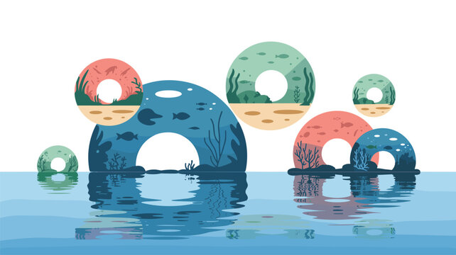 Several circular underwater arches feature different aquatic scenes with marine life and coral, reflected on the calm water surface.
