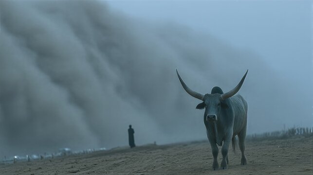 Bull with large horns standing firm against approaching sandstorm in vast desert. Silhouetted man in flowing robe observing