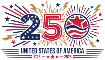Obraz premium Modern fireworks and lightning bolt celebration for american 250 years anniversary design.