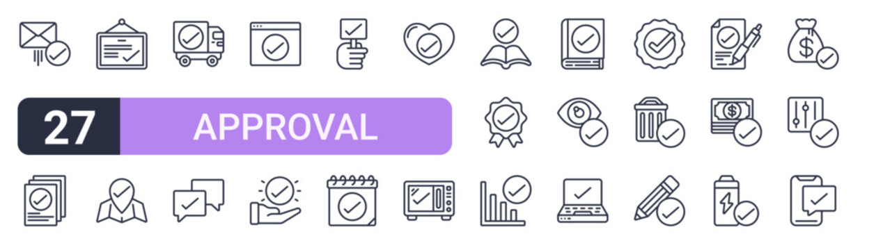 Set of 27 thin stroke Approval icons for software, online tools and business layouts. Outline collection featuring send mail, web browser, heart, book and battery.