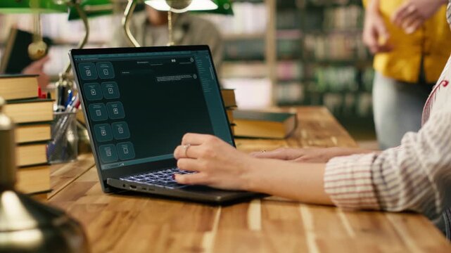 Student uses laptop with AI chatbot interface at library table, modern learning tool and virtual assistant with classmates studying nearby, digital education technology, supporting online learning.