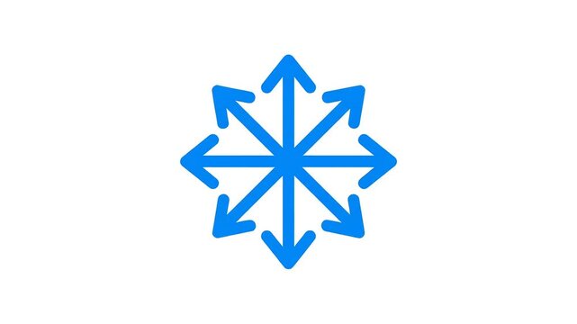 A blue starburst or snowflake shape is composed of eight arrows on white background
