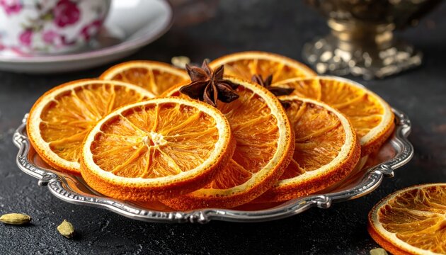 Artfully arranged glistening candied orange slices with star anise on a silver platter