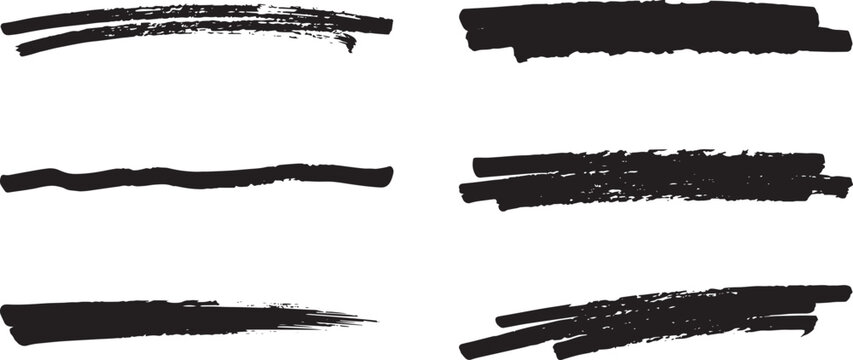 Black highlighter brush strokes set with hand-drawn marker underlines and grunge paint lines, vector textures