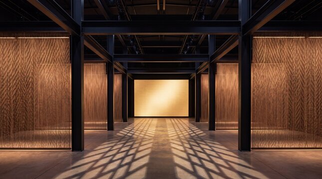 Modern Industrial Interior Corridor with Steel Beams, Warm Backlit Panels and Geometric Shadows