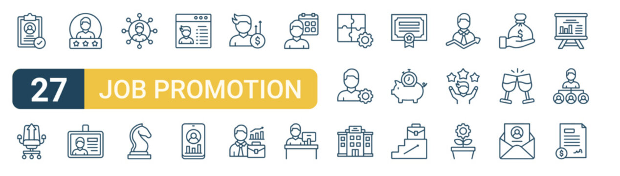 Set of 27 thin line Job Promotion icons for app screens, websites and product dashboards. Outline vector pack featuring profile, office chair, rating, id card, networking and strategy.