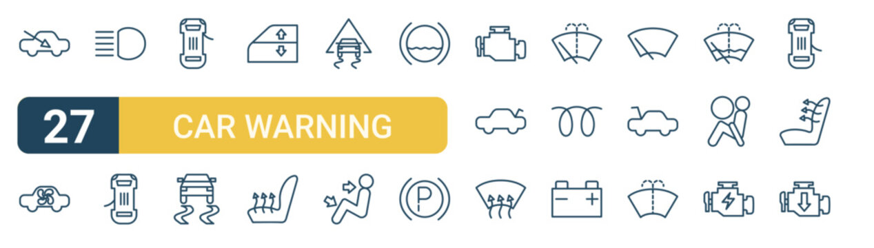 Set of 27 thin line Car Warning Lights icons for app screens, websites and product dashboards. Outline vector pack featuring car, car, car, and