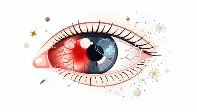 Crisp flat illustration of inflamed conjunctiva with focused bloodshot eye and allergy irritants featuring subtle blue accents on a bright white canvas ideal for medical