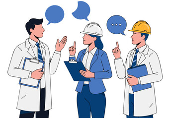 Fototapeta premium Engineers in lab coats discussing project plans with speech bubbles during a meeting
