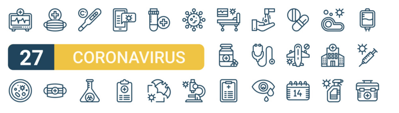 Set of 27 thin line Coronavirus icons for app screens, websites and product dashboards. Outline vector pack featuring heart rate monitor, virus, medical mask, medical mask, fever and flask.