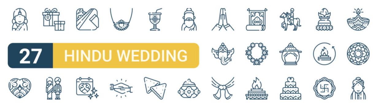 Set of 27 thin line Hindu Wedding icons for app screens, websites and product dashboards. Outline vector pack featuring bride, love, gift box, hindu wedding, sari and wedding date.