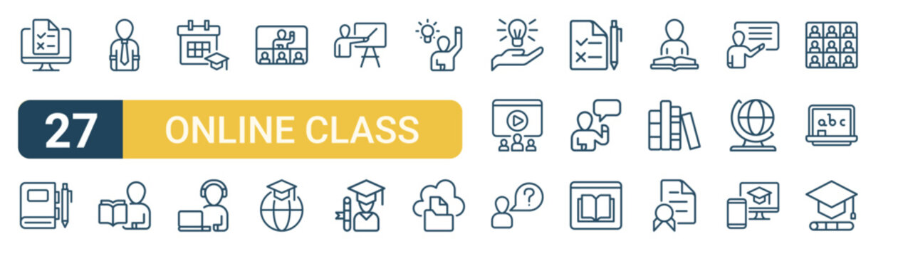 Set of 27 thin line Online Class icons for app screens, websites and product dashboards. Outline vector pack featuring online test, notebook, lecturer, teaching, schedule and elearning.