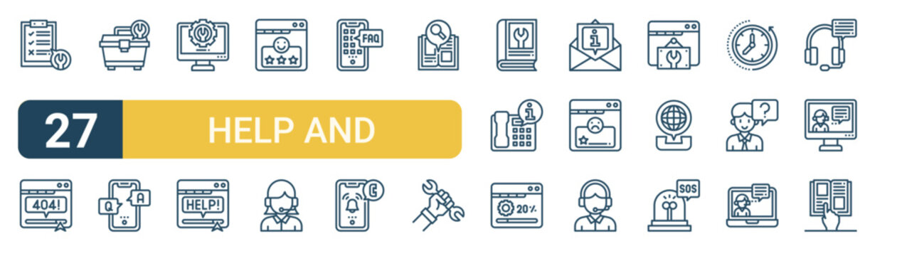 Set of 27 thin line Help and Support icons for app screens, websites and product dashboards. Outline vector pack featuring report, error, toolbox, chat box, maintenance and help.