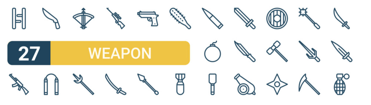 Set of 27 thin line Weapon icons for app screens, websites and product dashboards. Outline vector pack featuring baton stick, rifle, knife, nunchaku, crossbow and spear.