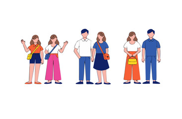 Fototapeta premium Three diverse couples standing together in casual attire with modern bags during a bright studio session for lifestyle concepts