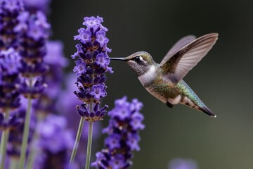 Fototapeta premium Tiny hummingbird sips nectar from purple lavender flower. Bird hovers mid air with wings blurred motion near plant. Close-up macro shot of avian feeding, delicate nature scene.