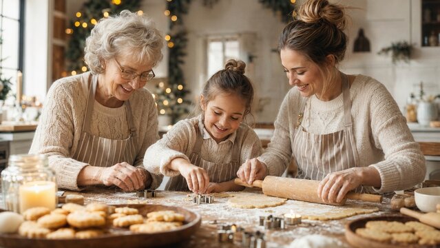 Drei Generationen backen gemeinsam Weihnachtspl&auml;tzchen in einer hellen Weihnachtsk&uuml;che. Gro&szlig;mutter, Mutter und Kind genie&szlig;en wertvolle Familienzeit in der Adventszeit.